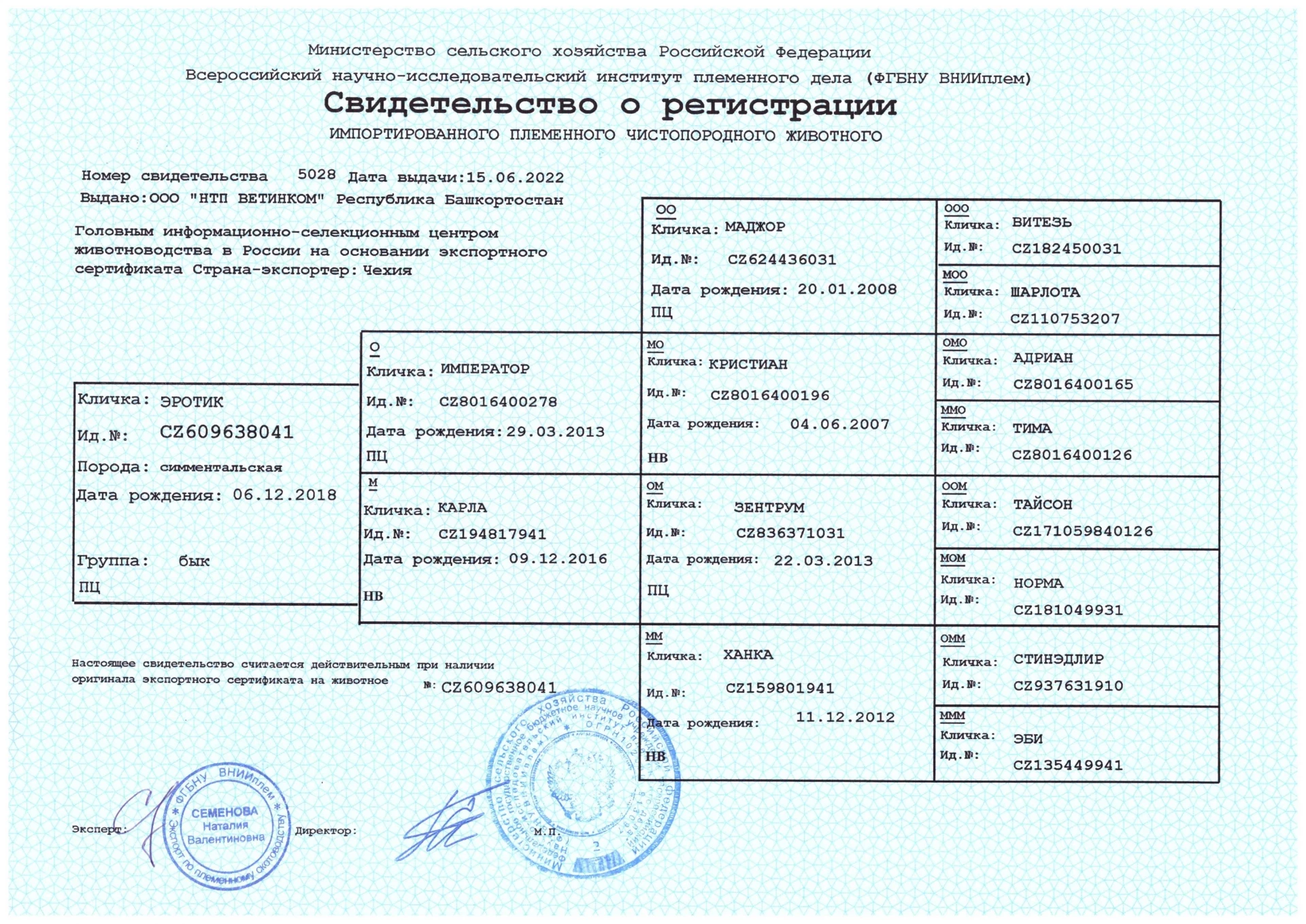 Свидетельство о регистрации быка