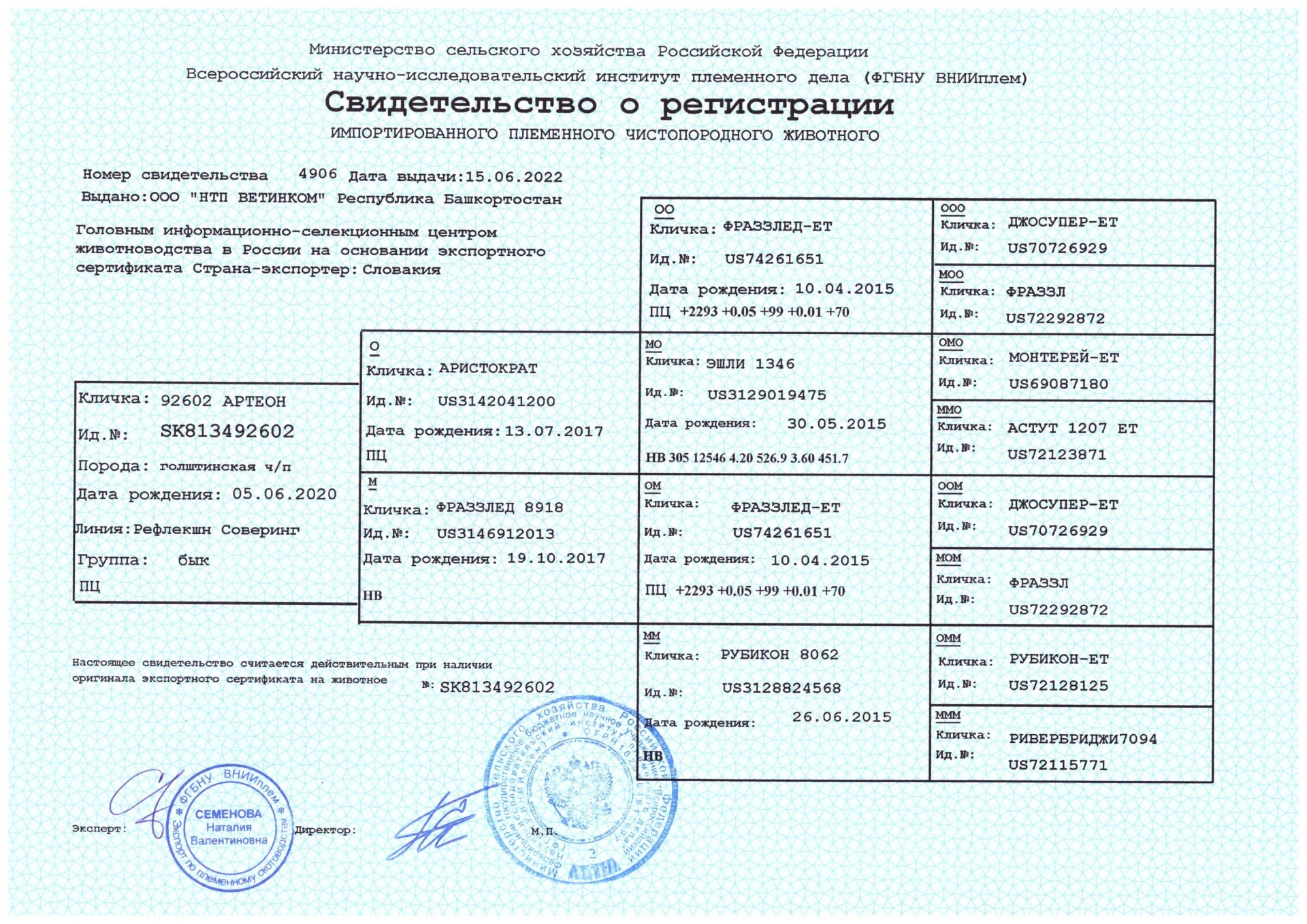 Свидетельство о регистрации быка