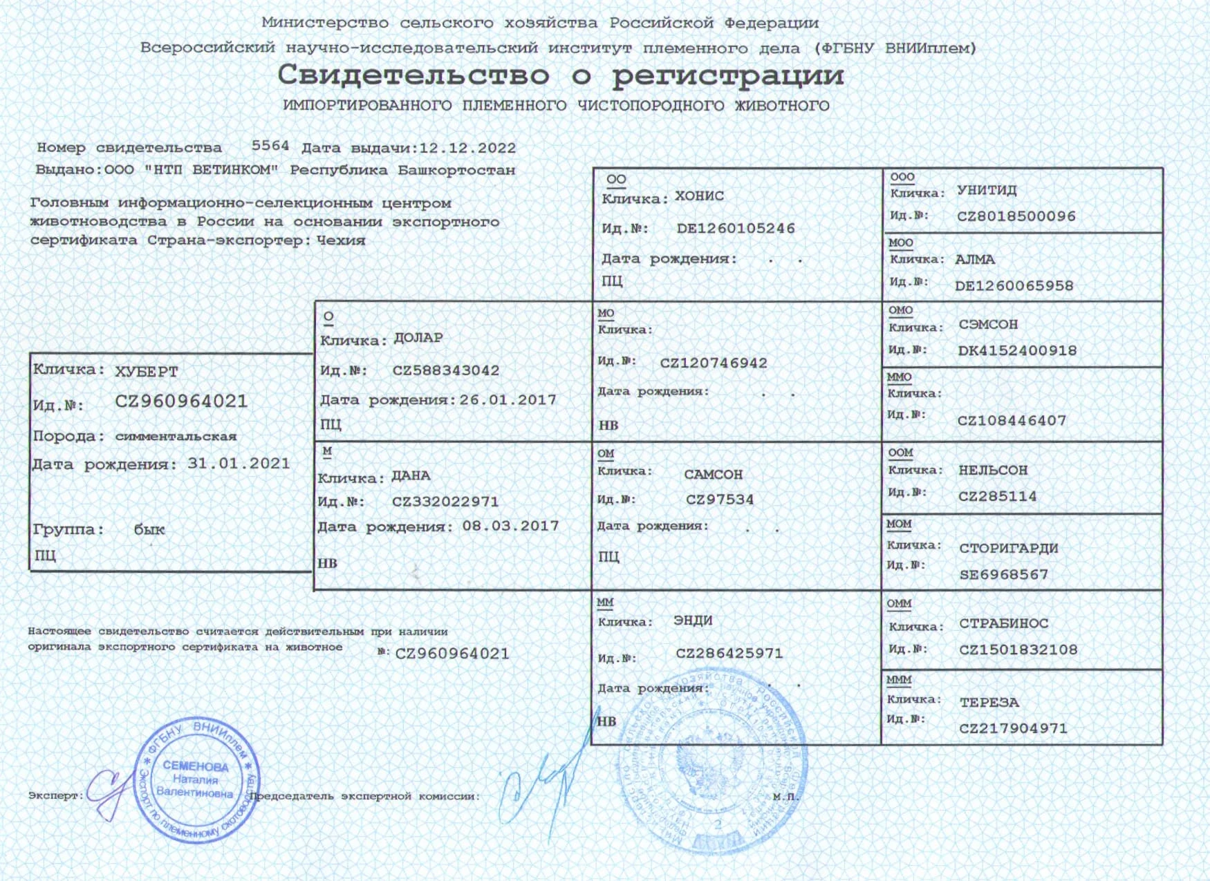 Свидетельство о регистрации Хуберт